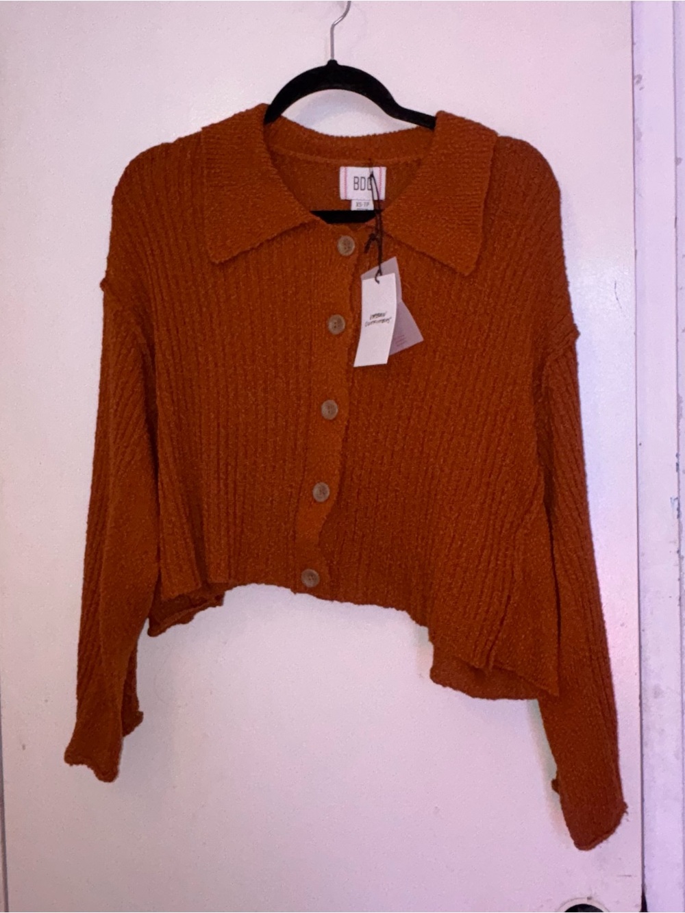 BDG Cropped Ribbed Button-Up Cardigan - Rust
